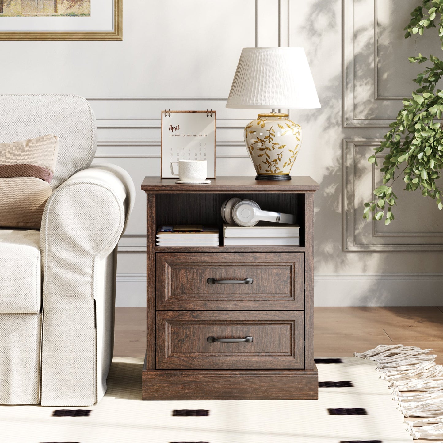 YouTrend Farmhouse Nightstand with 2 Drawers & Open Shelf End Table Bedside Tables for Bedroom Living Room,White