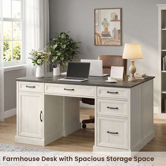 ASTUVIA Farmhouse 58" Computer Desk with Drawers,Wood Home Office Desk with Storage,Gaming Desk with Storage Shelves