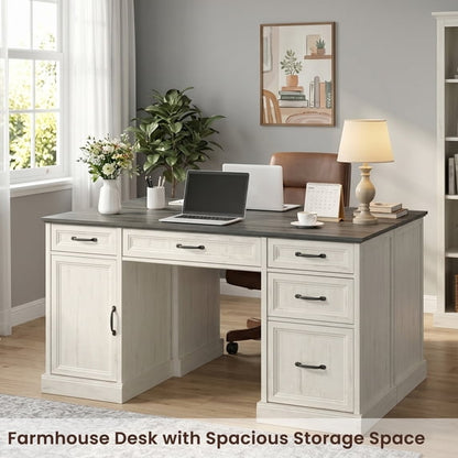 ASTUVIA Farmhouse 58" Computer Desk with Drawers,Wood Home Office Desk with Storage,Gaming Desk with Storage Shelves