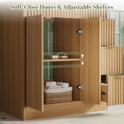 ASTUVIA 60" Fluted Bathroom Vanity Cabinet with 2 Drawers,Bathroom Vanity with Sink and 4 Soft-Close Doors,Floating Bathroom Sink Cabinet,Brown