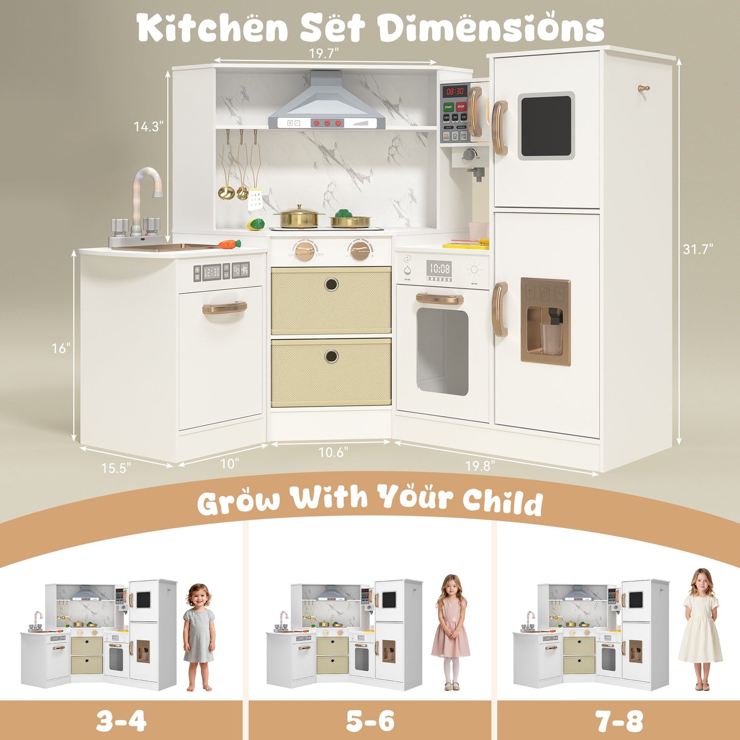 ASTUVIA Wooden Play Kitchen For Kids With Realistic Lights & Sounds, Smart Storage, Pretend Ice Maker, Sink, Stove, Inspiring Creative Role Play Toy