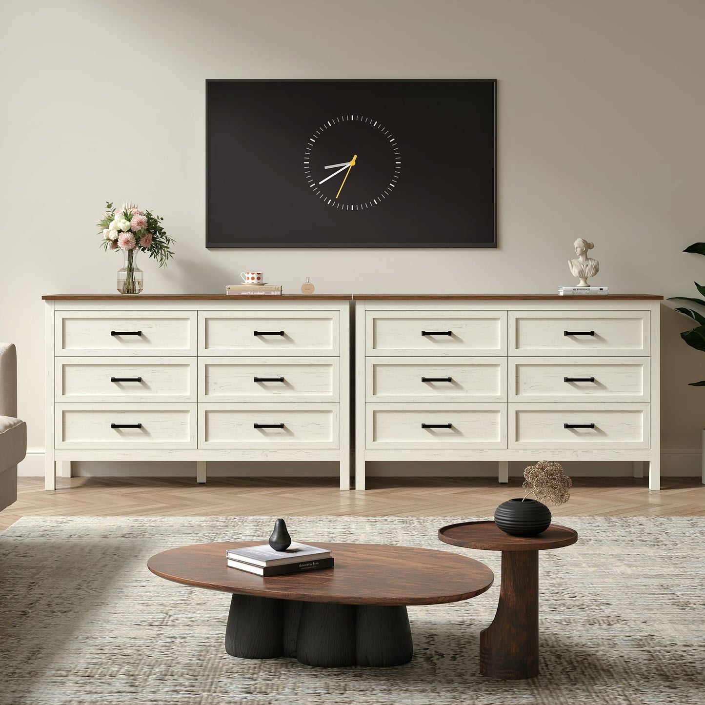 YouTrend 6 Drawer Farmhouse Dresser,Wood Adult Rustic Chest of Drawer with Metal Handles for Bedroom Living Room Hallway,Burlywood & White