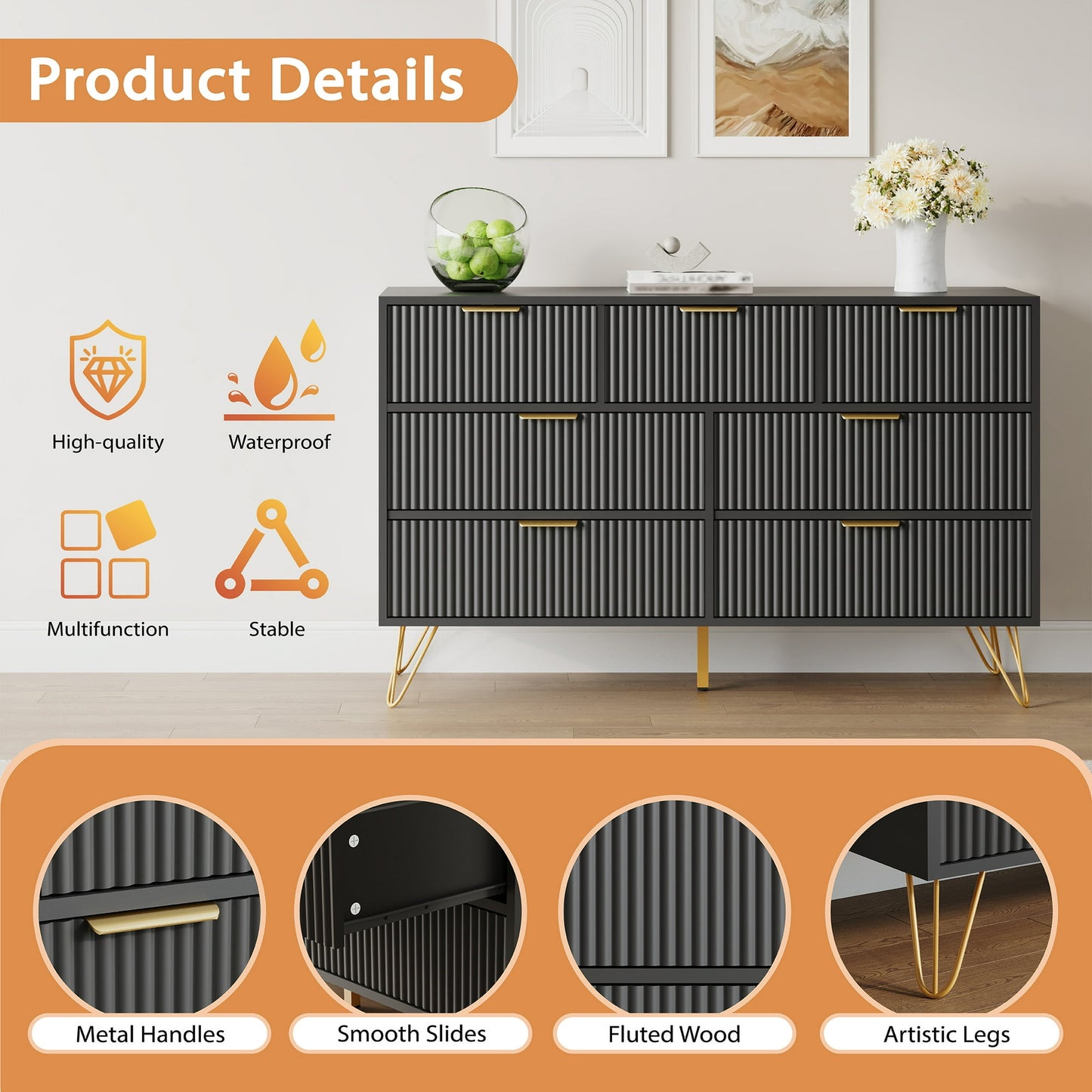 YouTrend White 7 Drawer Dresser with Fluted Wood and Metal Handles Legs for Bedroom Living Room Hallway