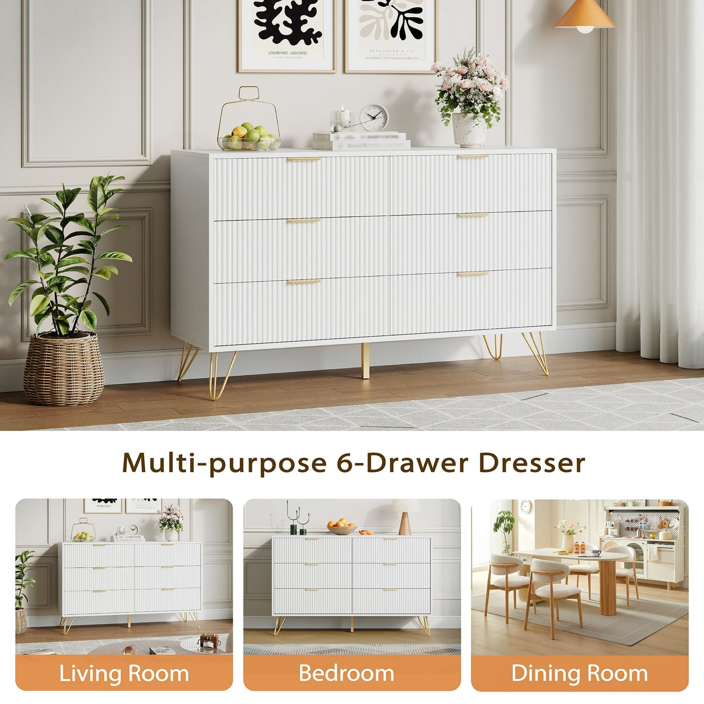 YouTrend White 6 Drawer Dresser with Fluted Wood and Metal Handles Legs for Bedroom Living Room Hallway