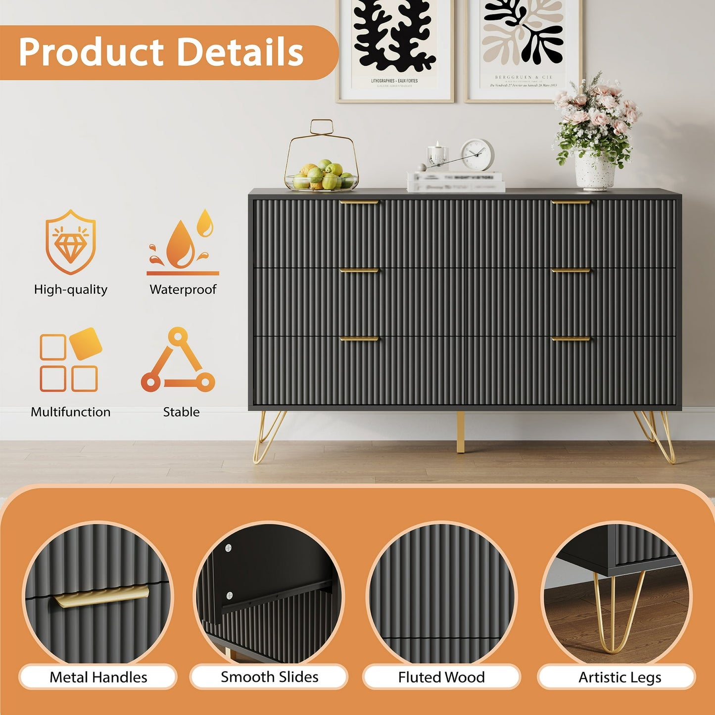 YouTrend White 6 Drawer Dresser with Fluted Wood and Metal Handles Legs for Bedroom Living Room Hallway