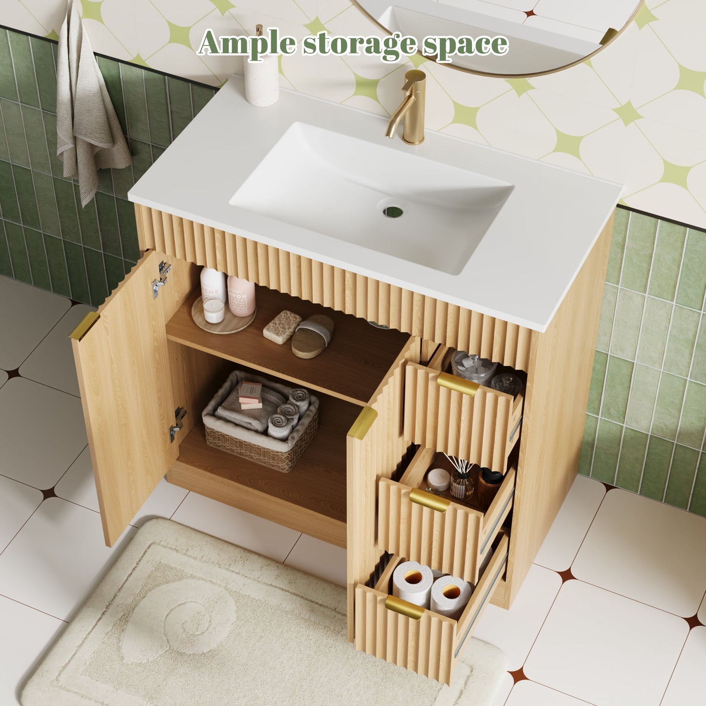 ASTUVIA 60" Fluted Bathroom Vanity Cabinet with 2 Drawers,Bathroom Vanity with Sink and 4 Soft-Close Doors,Floating Bathroom Sink Cabinet,Brown