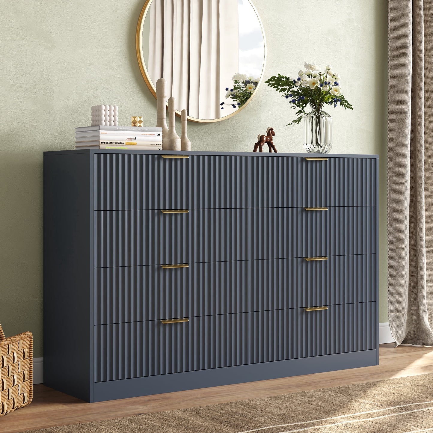ASTUVIA 55.1" W Fluted 6 Drawer Dresser for Adult,Wooden Bedroom Dresser,Dresser TV Stand up to 65" for Living Room,Brown