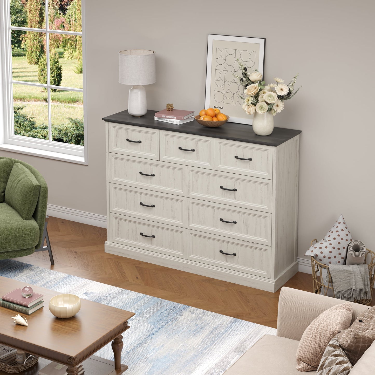 YouTrend Rustic 9-Drawer Wood Dresser, Large Storage Chest Organizer with Metal Handles for Bedroom, Living Room, Farmhouse Style Furniture,Gray