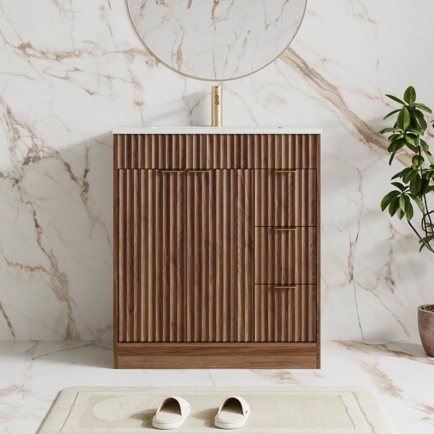 ASTUVIA 60" Fluted Bathroom Vanity Cabinet with 2 Drawers,Bathroom Vanity with Sink and 4 Soft-Close Doors,Floating Bathroom Sink Cabinet,Brown