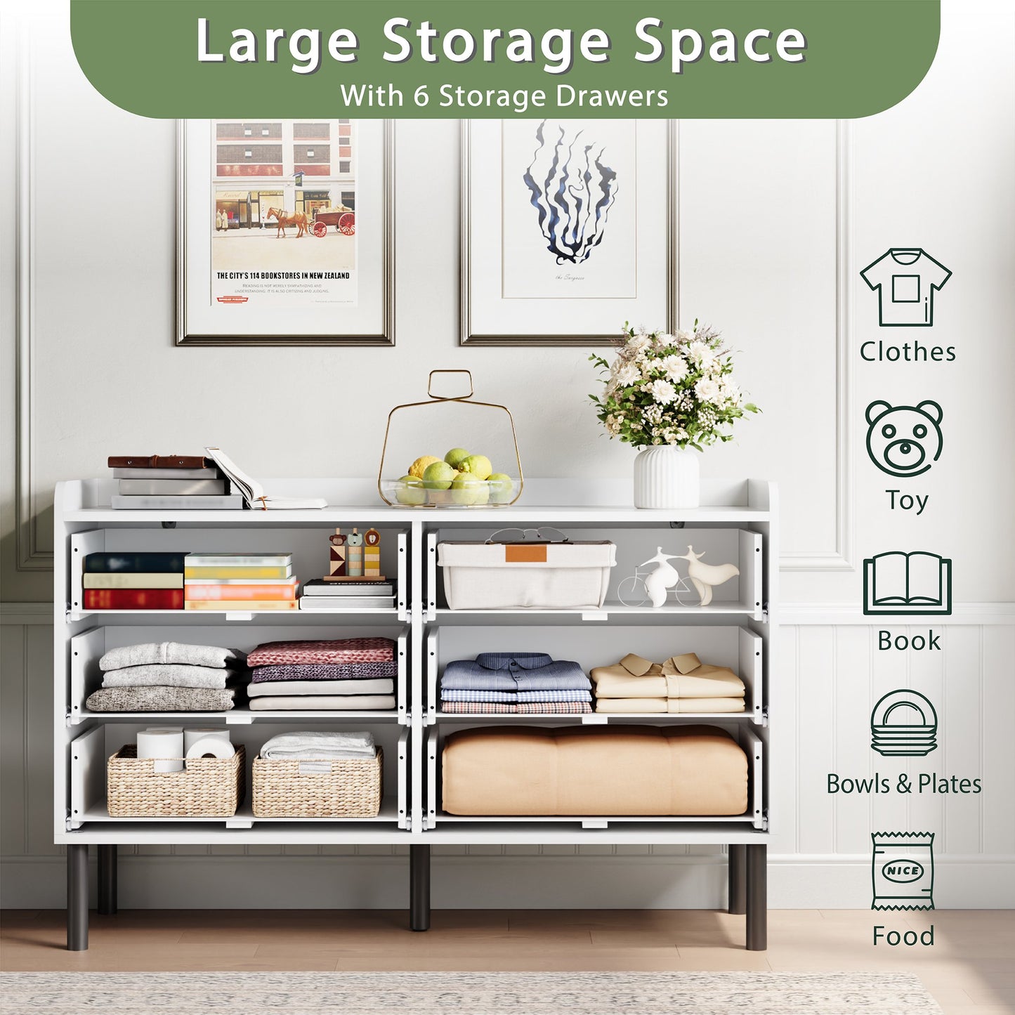 YouTrend 6 Drawer Wood Dresser Modern Storage Cabinet Sideboard Adult for Bedroom Living Room Hallway Home,White