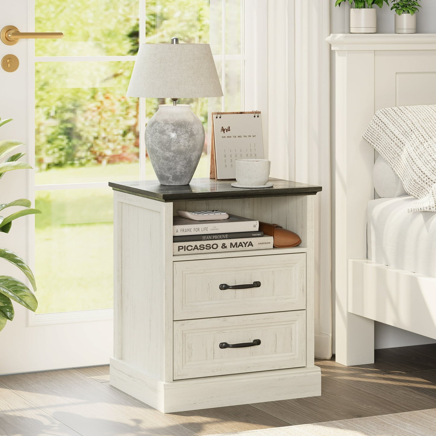 YouTrend Farmhouse Nightstand with 2 Drawers & Open Shelf End Table Bedside Tables for Bedroom Living Room,White
