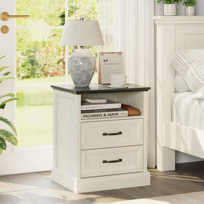 YouTrend Farmhouse Nightstand with 2 Drawers & Open Shelf End Table Bedside Tables for Bedroom Living Room,White