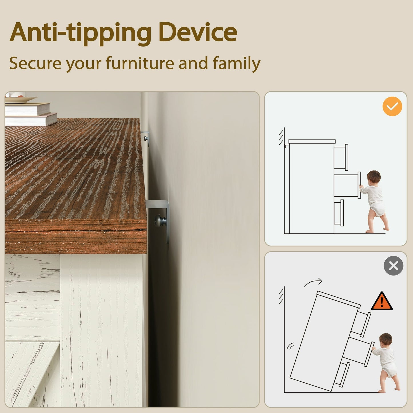 YouTrend 7 Drawer Farmhouse Dresser,Wood Adult Rustic Chest of Drawer with Metal Handles for Bedroom Living Room Hallway,Burlywood & White