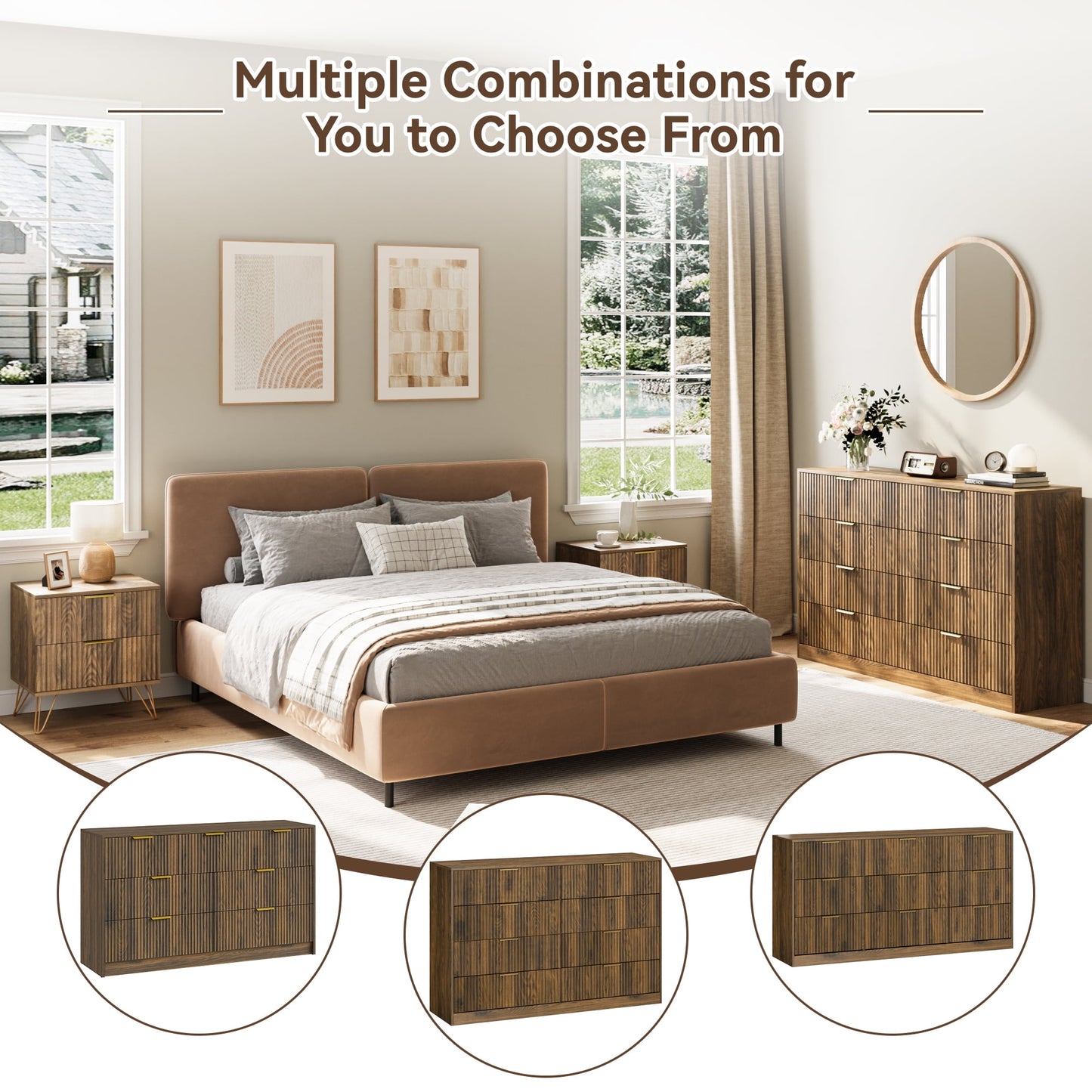 YouTrend 7 Drawer Dresser and Nightstand Sets for Bedroom,3 Piece Bedroom Dresser Set,Fluted Dressers and Nightstands, Modern Bedroom Set