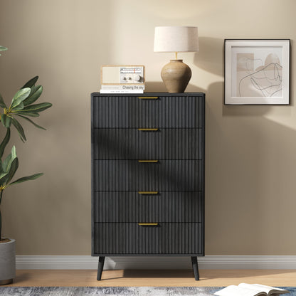 YouTrend 5 Drawer Dresser for Bedroom,Tall Dresser with Metal Handle,Fluted Dresser Modern Storage Cabinet for Home Office Living Room,White