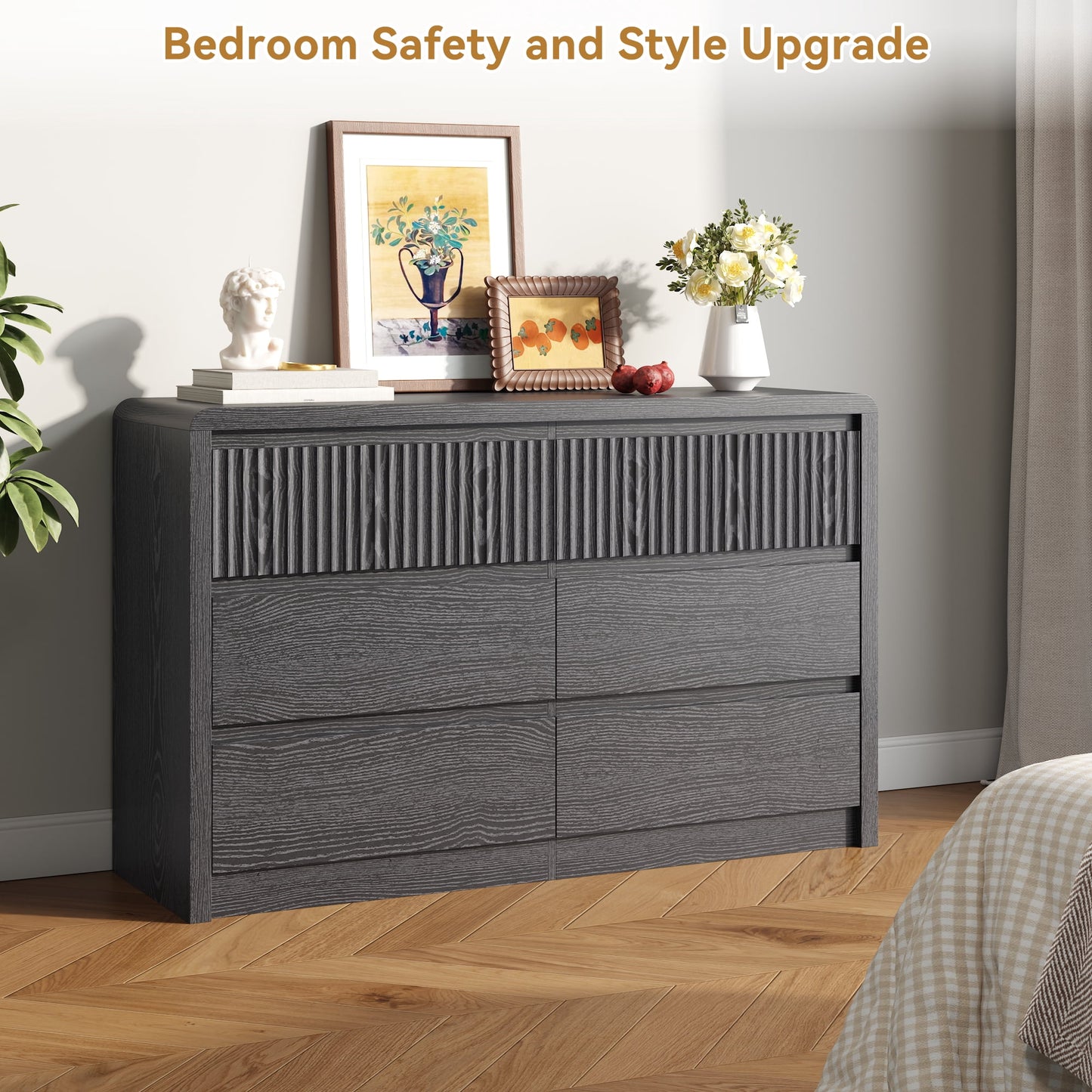 ASTUVIA 9 Fluted Drawers Dresser for Bedroom, 49.2" W Modern Chest of Drawers with Curved Profile Design, Mid Century Storage Dressers Organizer,Brown