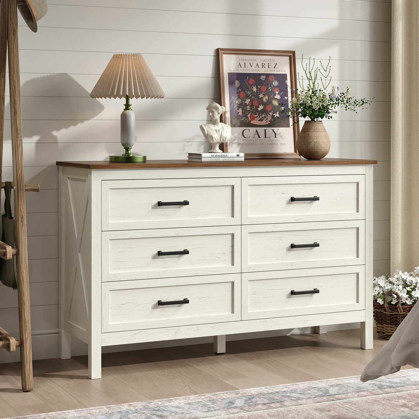 YouTrend 6 Drawer Farmhouse Dresser,Wood Adult Rustic Chest of Drawer with Metal Handles for Bedroom Living Room Hallway,Burlywood & White