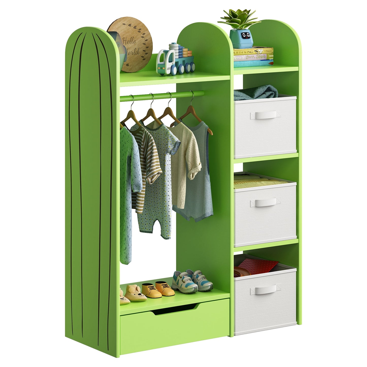 ASTUVIA Kids Clothing Rack with Drawers, Kids Dress Up Storage for Coats, Wood Closet with Fabric Drawers for Bedroom Playroom,Green