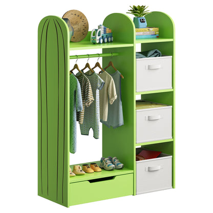 ASTUVIA Kids Clothing Rack with Drawers, Kids Dress Up Storage for Coats, Wood Closet with Fabric Drawers for Bedroom Playroom,Green