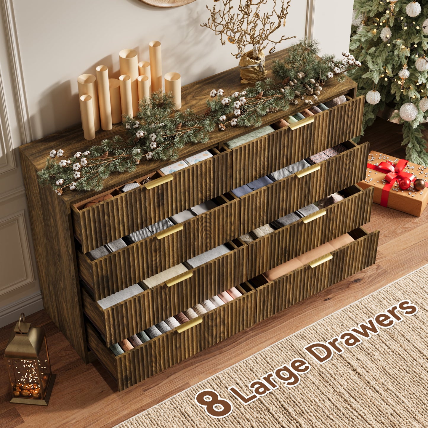 8 Drawer Dresser with for Bedroom,Modern Fluted Wood Chest of Drawer with Golden Embedded Handles for Living Room,Hallway