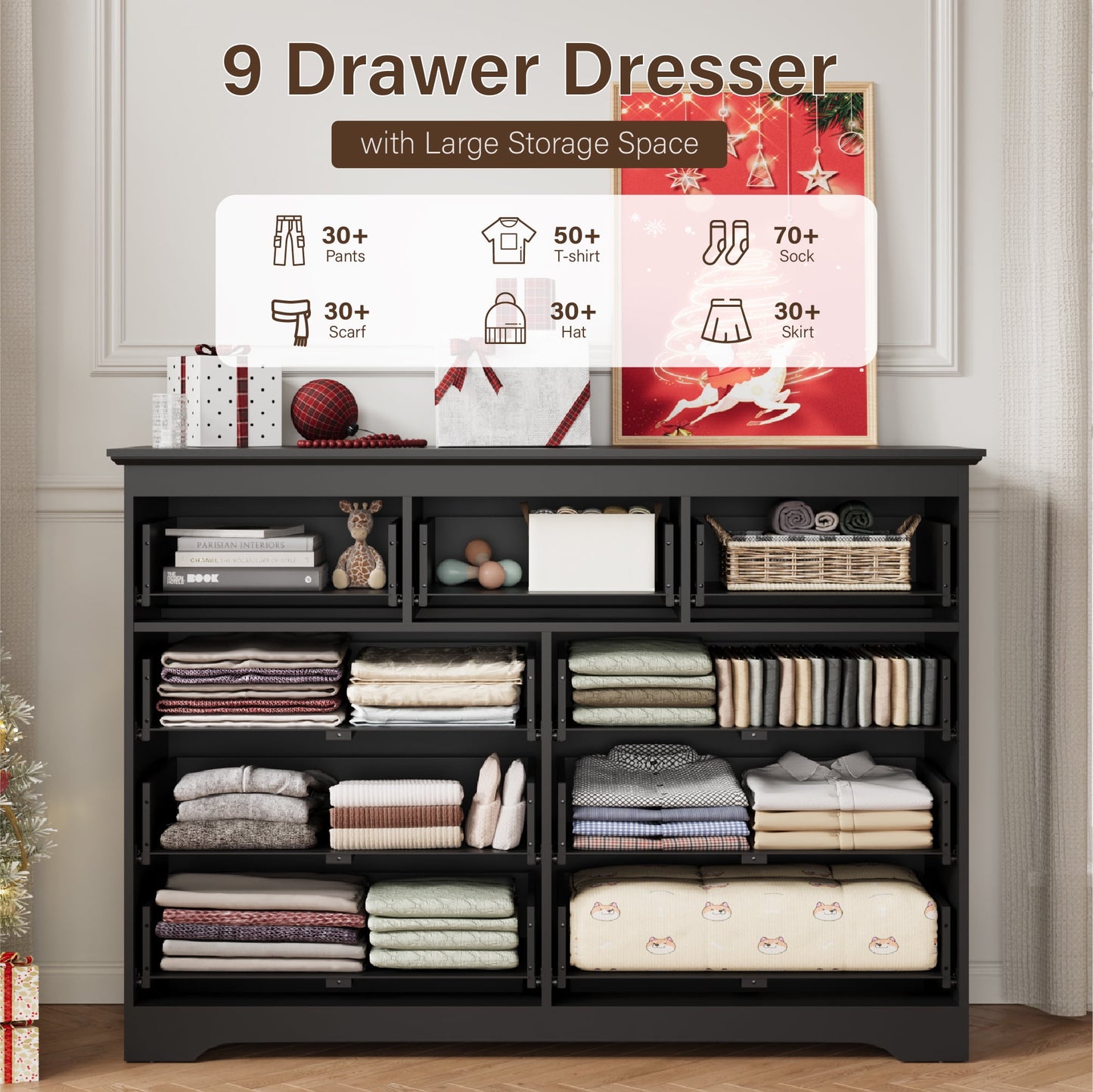 YouTrend 55.1" Wide Dresser for Bedroom, 10 Drawer Dresser with Large Drawers, Dresser for TVs Up to 65",Brown