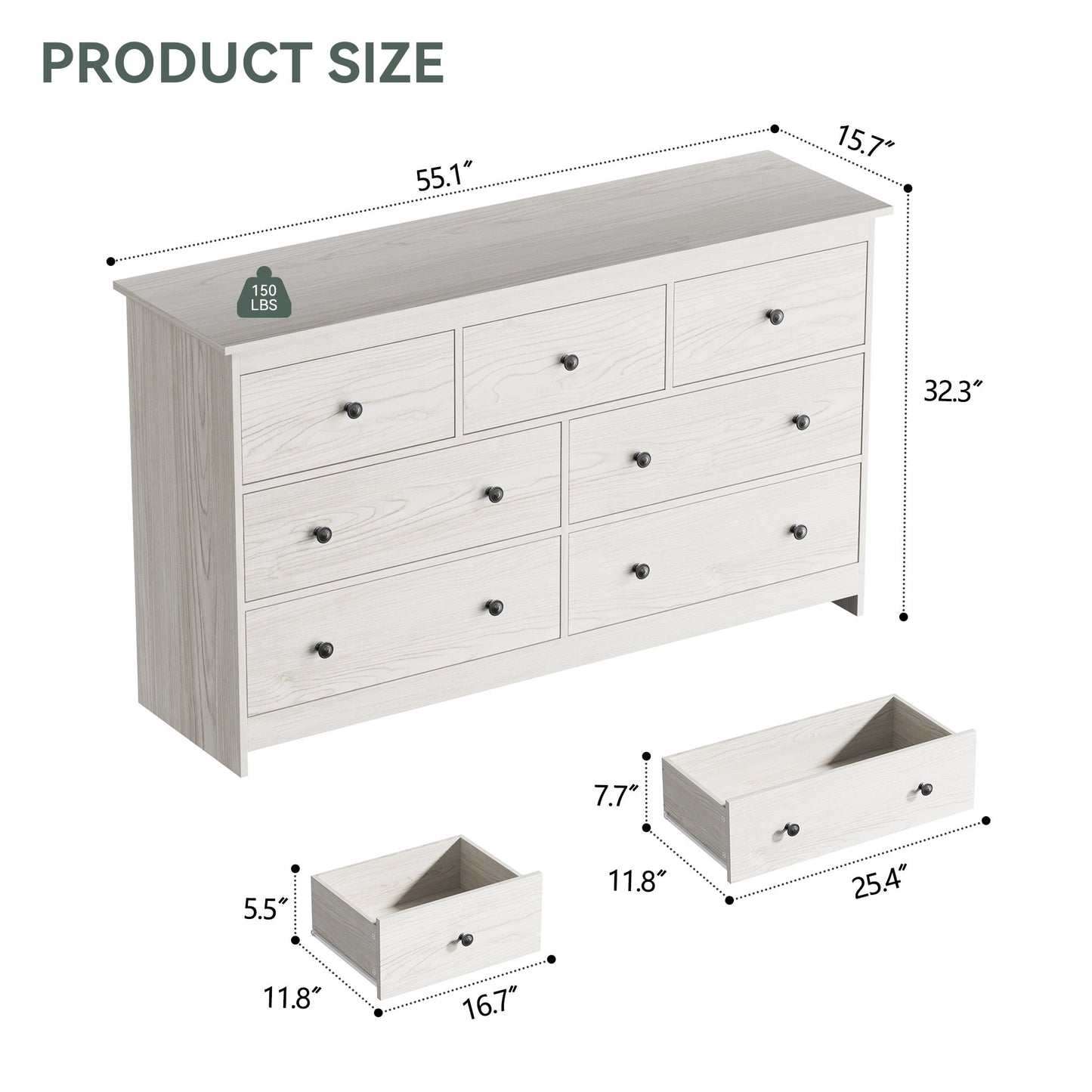ASTUVIA 7 Drawer White Dresser for Bedroom - Wide TV Stand with Anti-Tip Metal Rails