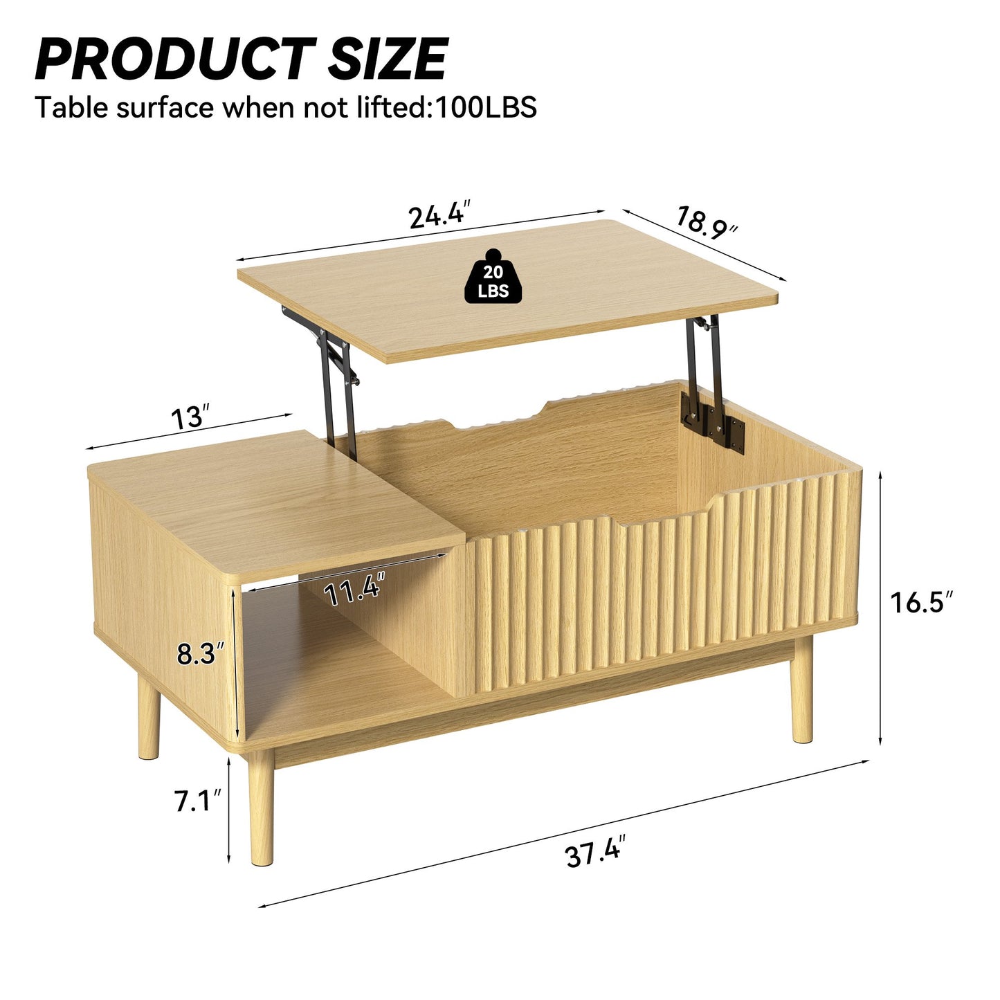 YouTrend Fluted Lift Top Coffee Table with Storage, 39.4" Width Rising Coffee Tables with Hidden Compartment, Wood Center Table for Living Room Office