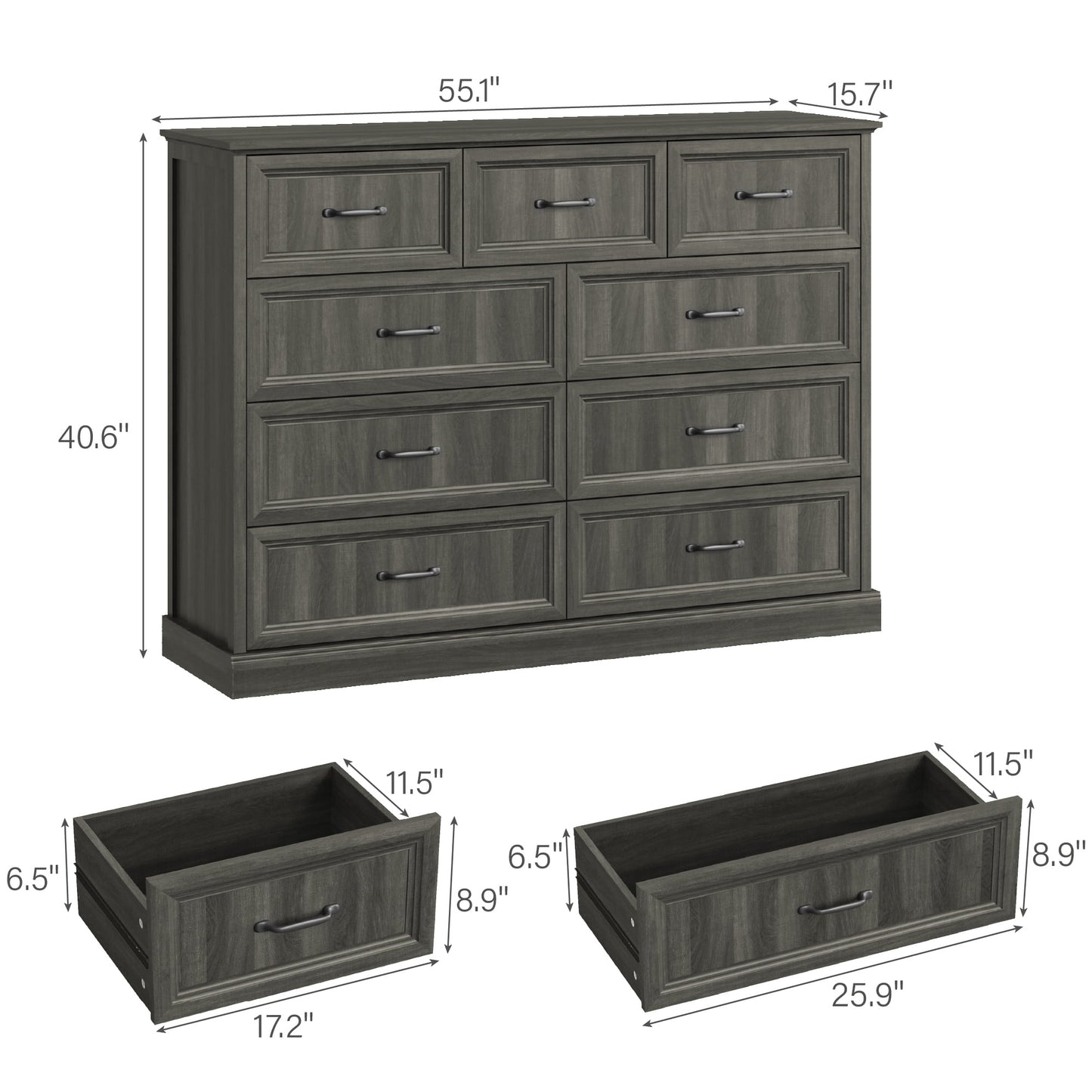 YouTrend Rustic 9-Drawer Wood Dresser, Large Storage Chest Organizer with Metal Handles for Bedroom, Living Room, Farmhouse Style Furniture,Gray