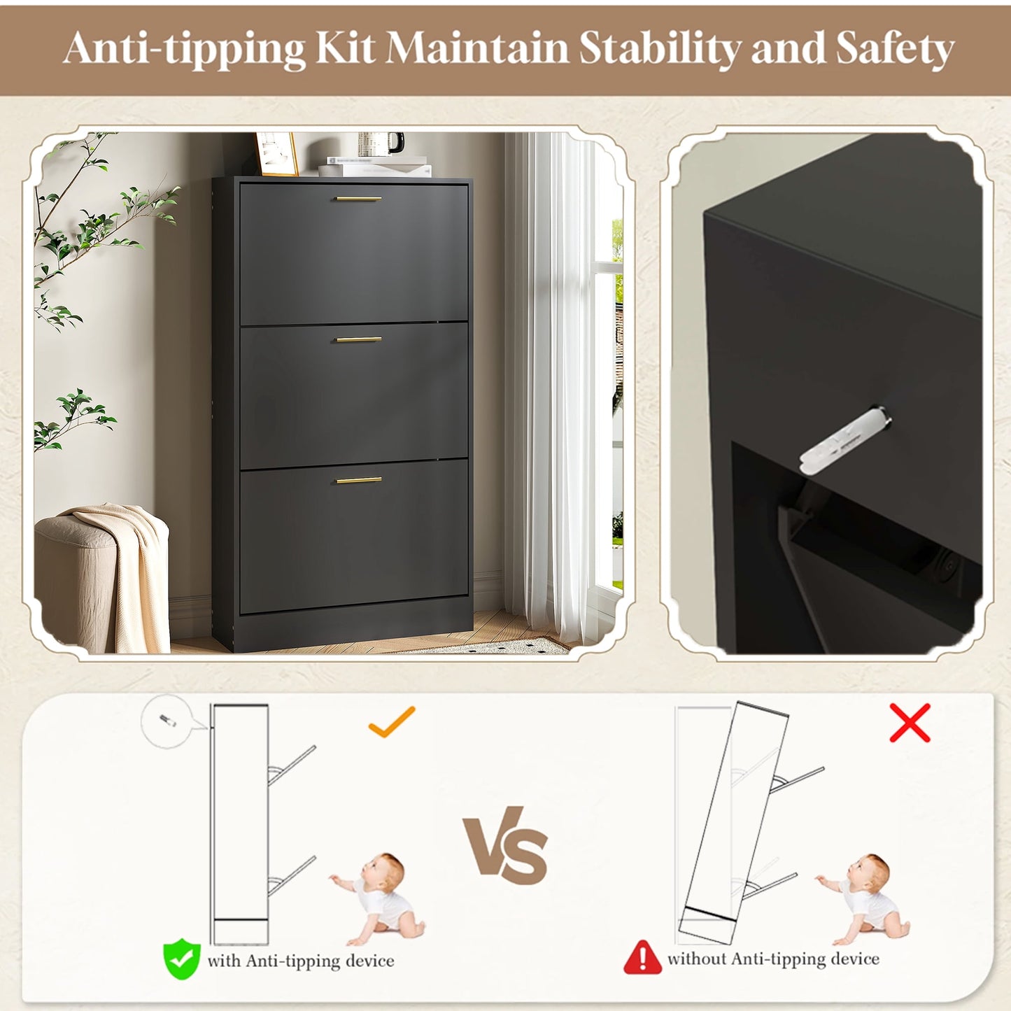 ASTUVIA Shoe Cabinet with 3 Flip Drawers,Narrow Hidden Shoe Storage for Entryway,Modern Freestanding Shoe Organizer Rack Holds 6-15 Pairs