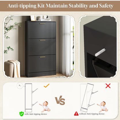 ASTUVIA Shoe Cabinet with 3 Flip Drawers,Narrow Hidden Shoe Storage for Entryway,Modern Freestanding Shoe Organizer Rack Holds 6-15 Pairs