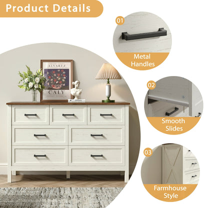 YouTrend 7 Drawer Farmhouse Dresser,Wood Adult Rustic Chest of Drawer with Metal Handles for Bedroom Living Room Hallway,Burlywood & White