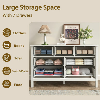 YouTrend 7 Drawer Farmhouse Dresser,Wood Adult Rustic Chest of Drawer with Metal Handles for Bedroom Living Room Hallway,Burlywood & White