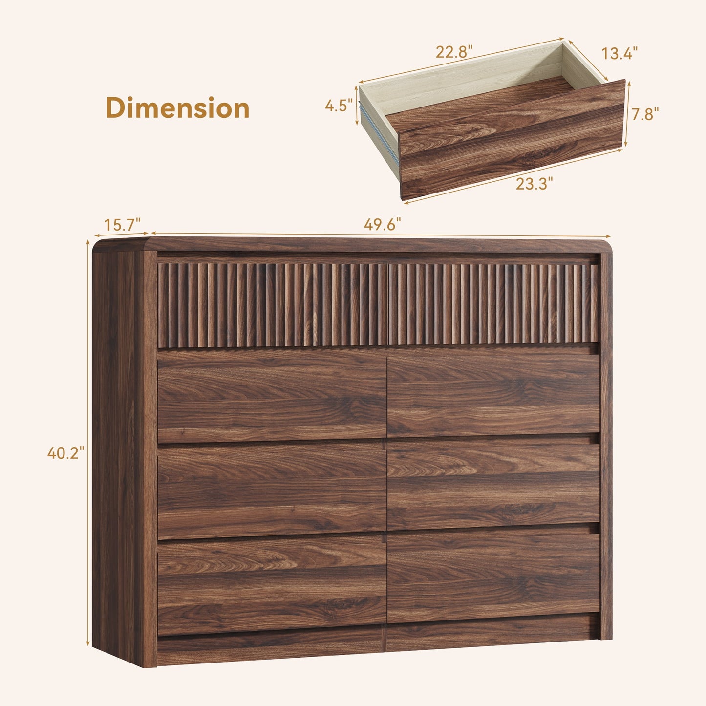 ASTUVIA 9 Fluted Drawers Dresser for Bedroom, 49.2" W Modern Chest of Drawers with Curved Profile Design, Mid Century Storage Dressers Organizer,Brown