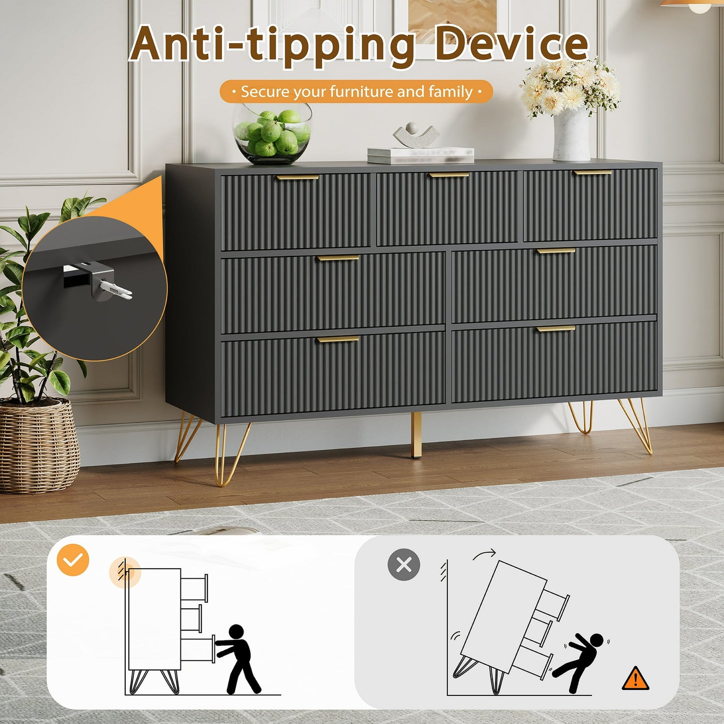 YouTrend White 7 Drawer Dresser with Fluted Wood and Metal Handles Legs for Bedroom Living Room Hallway