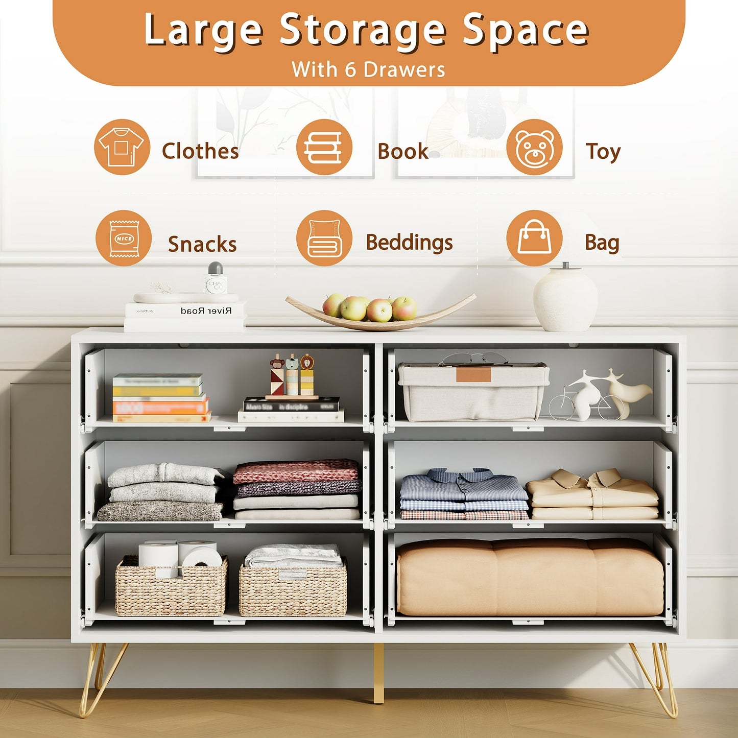 YouTrend White 6 Drawer Dresser with Fluted Wood and Metal Handles Legs for Bedroom Living Room Hallway