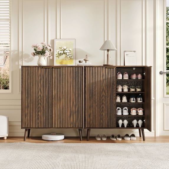 ASTUVIA Fluted Shoe Storage Cabinet with Two Doors for Adult,5-Tier Wood Shoe Rack Organizer with Adjustable Shelves for Entryway
