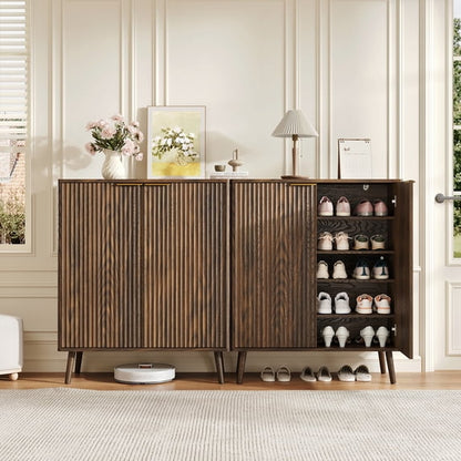 ASTUVIA Fluted Shoe Storage Cabinet with Two Doors for Adult,5-Tier Wood Shoe Rack Organizer with Adjustable Shelves for Entryway
