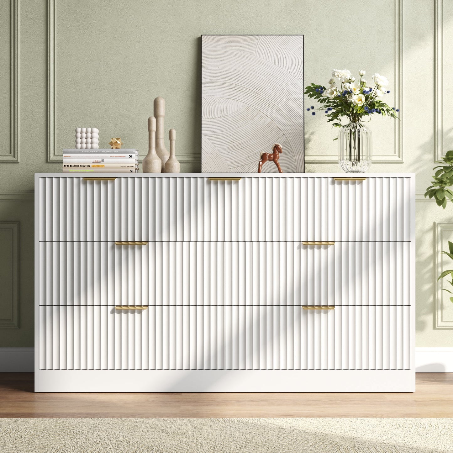 ASTUVIA 55.1" W Fluted 6 Drawer Dresser for Adult,Wooden Bedroom Dresser,Dresser TV Stand up to 65" for Living Room,Brown