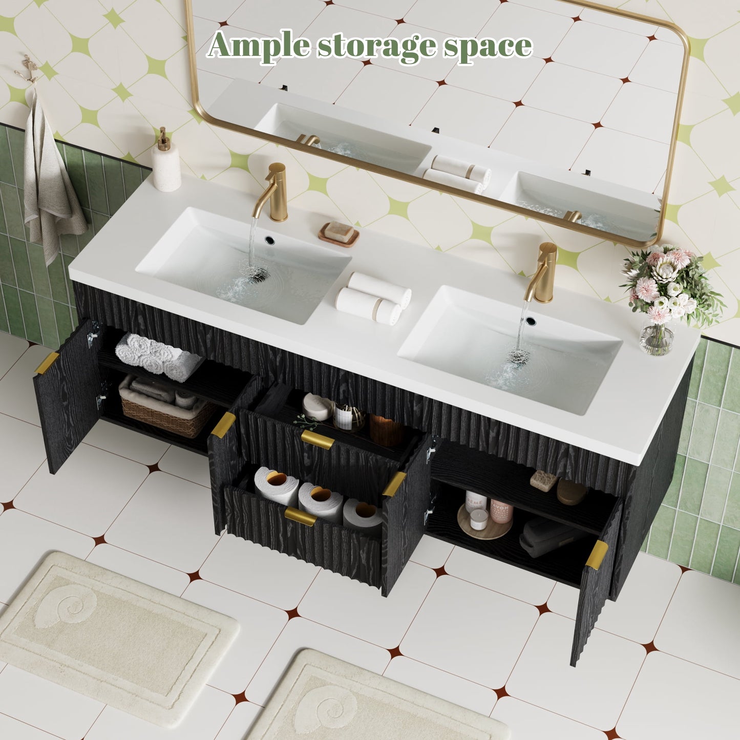 ASTUVIA 60" Fluted Bathroom Vanity Cabinet with 2 Drawers,Bathroom Vanity with Sink and 4 Soft-Close Doors,Floating Bathroom Sink Cabinet,Brown