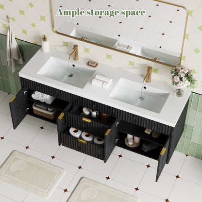 ASTUVIA 60" Fluted Bathroom Vanity Cabinet with 2 Drawers,Bathroom Vanity with Sink and 4 Soft-Close Doors,Floating Bathroom Sink Cabinet,Brown