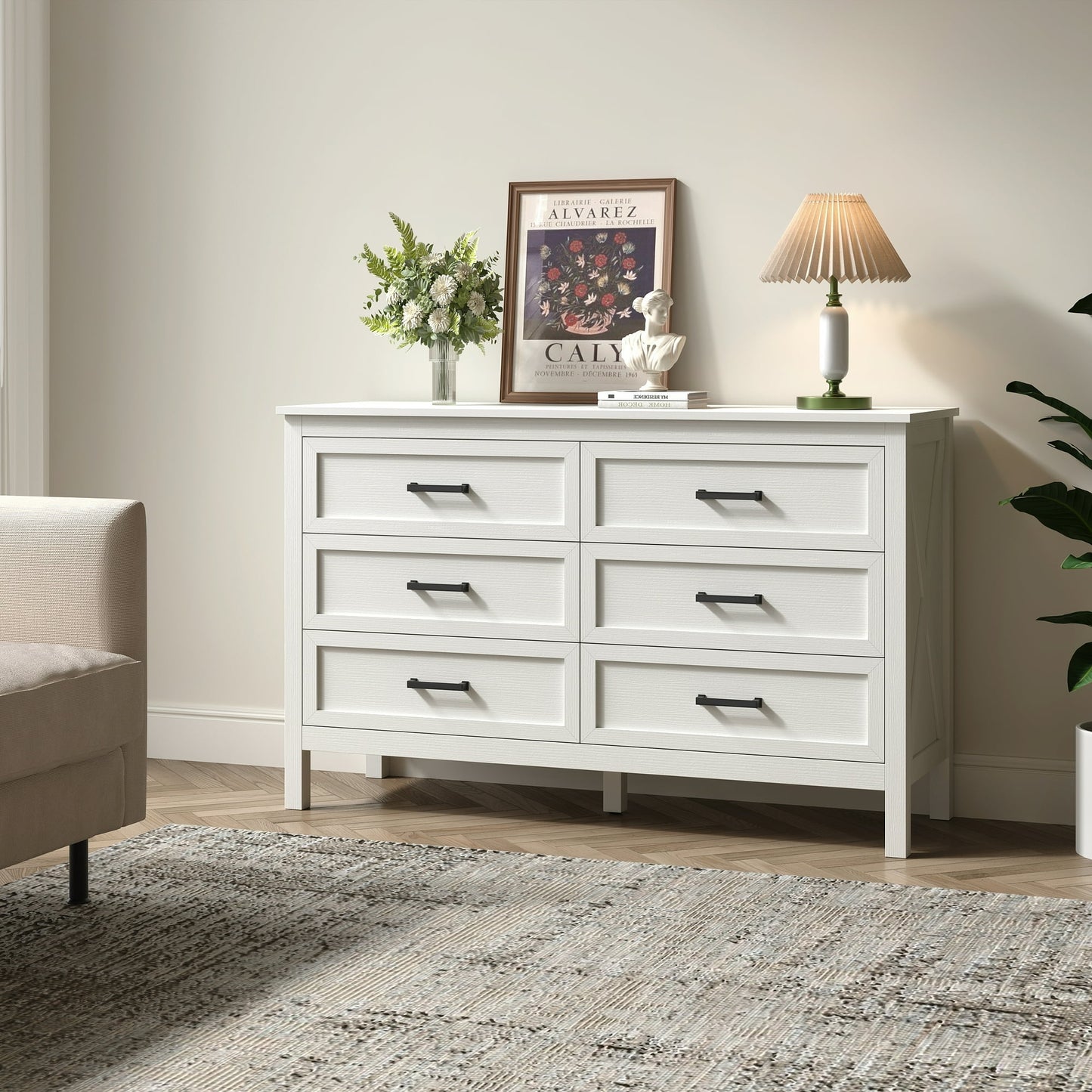 YouTrend 6 Drawer Farmhouse Dresser,Wood Adult Rustic Chest of Drawer with Metal Handles for Bedroom Living Room Hallway,Burlywood & White