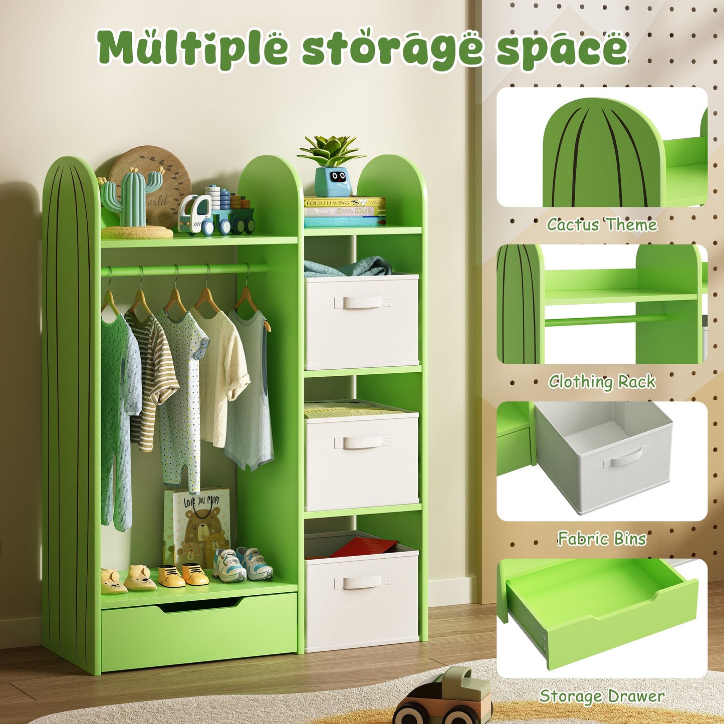 ASTUVIA Kids Clothing Rack with Drawers, Kids Dress Up Storage for Coats, Wood Closet with Fabric Drawers for Bedroom Playroom,Green