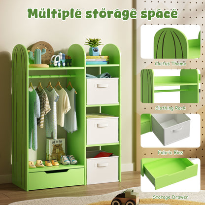 ASTUVIA Kids Clothing Rack with Drawers, Kids Dress Up Storage for Coats, Wood Closet with Fabric Drawers for Bedroom Playroom,Green