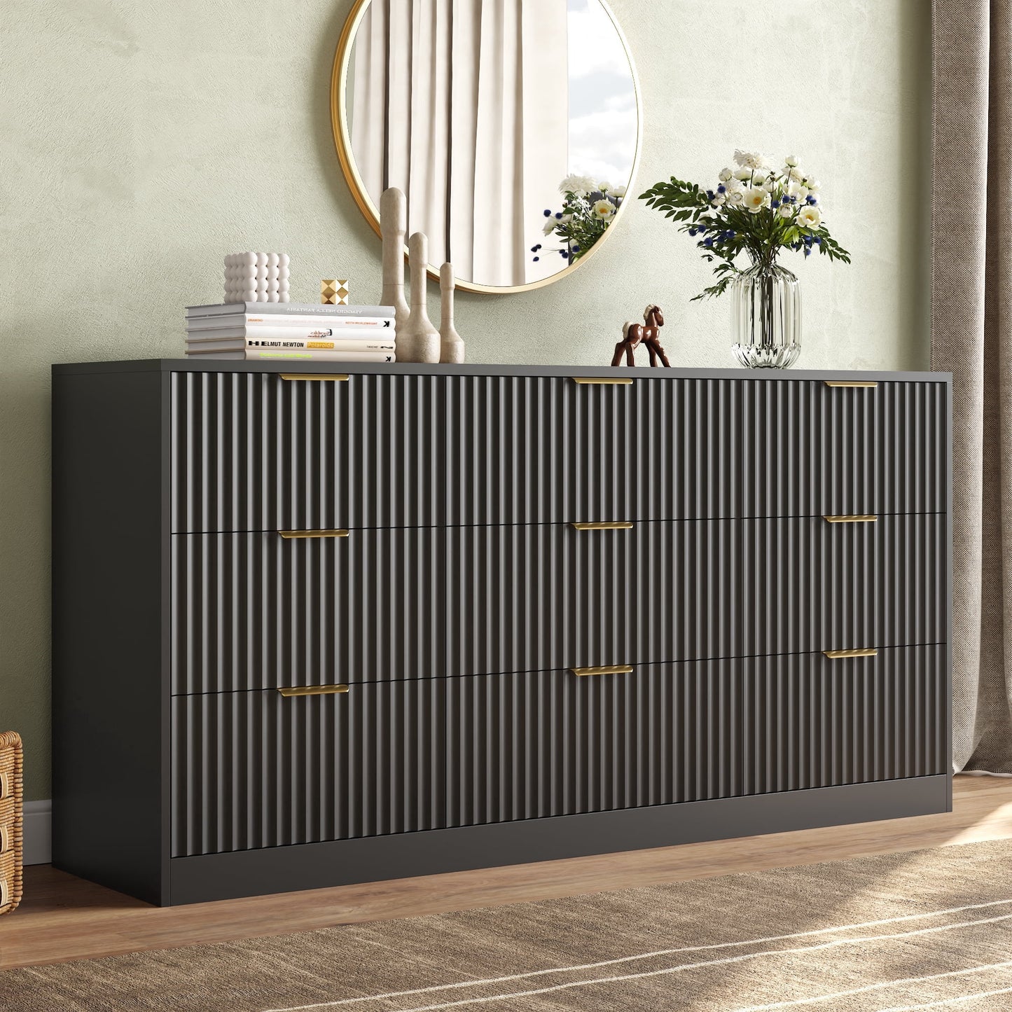 ASTUVIA 55.1" W Fluted 6 Drawer Dresser for Adult,Wooden Bedroom Dresser,Dresser TV Stand up to 65" for Living Room,Brown