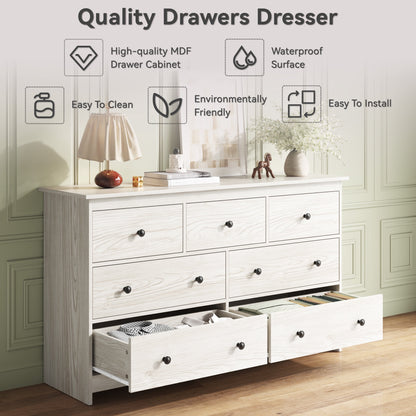 ASTUVIA 7 Drawer White Dresser for Bedroom - Wide TV Stand with Anti-Tip Metal Rails