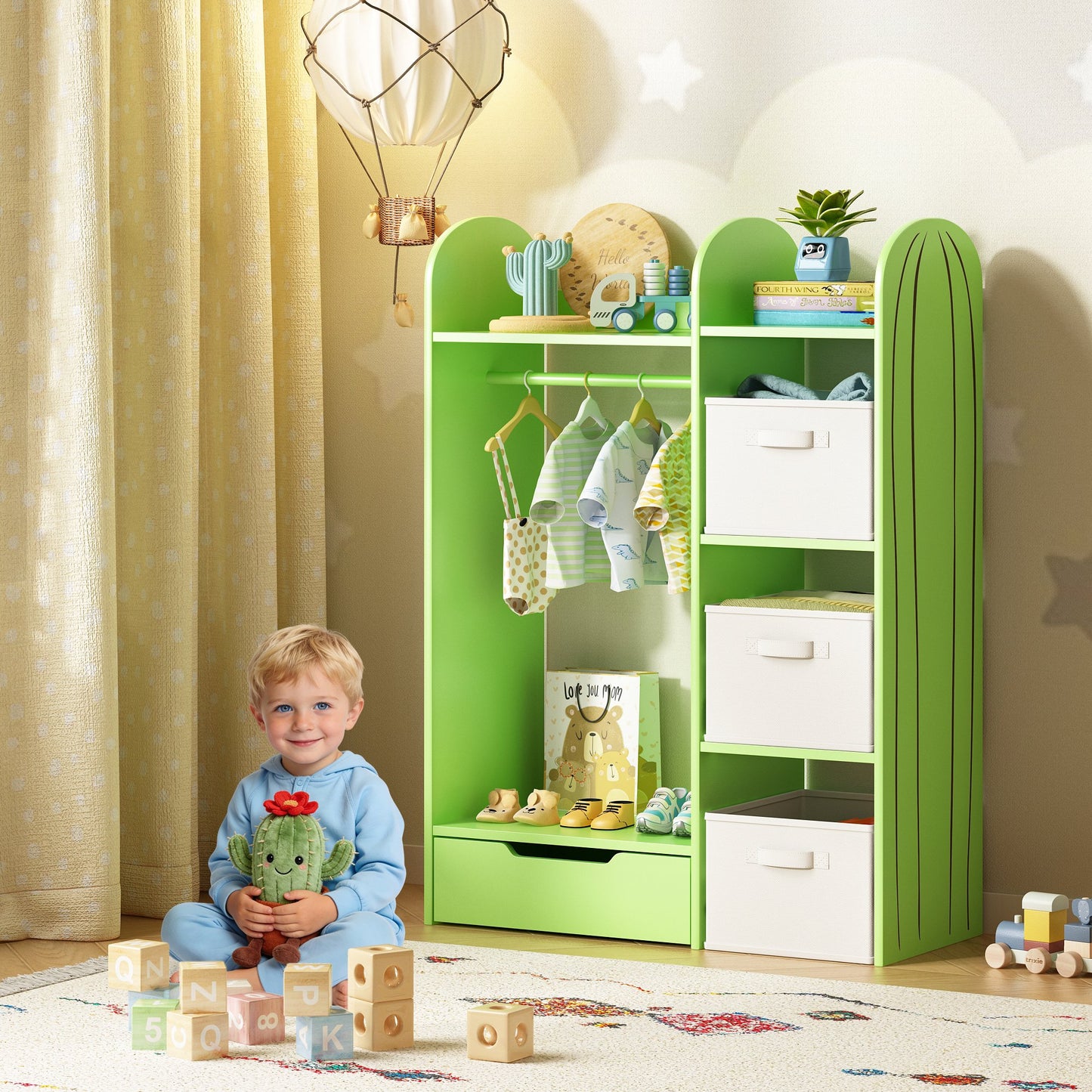 ASTUVIA Kids Clothing Rack with Drawers, Kids Dress Up Storage for Coats, Wood Closet with Fabric Drawers for Bedroom Playroom,Green