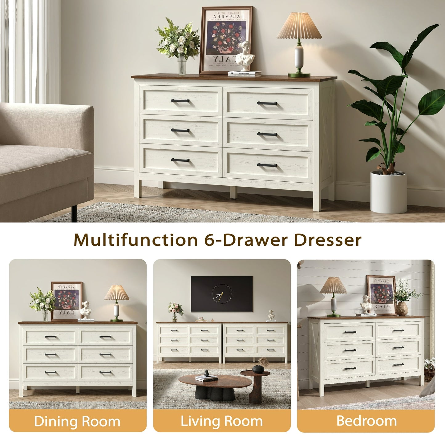 YouTrend 6 Drawer Farmhouse Dresser,Wood Adult Rustic Chest of Drawer with Metal Handles for Bedroom Living Room Hallway,Burlywood & White