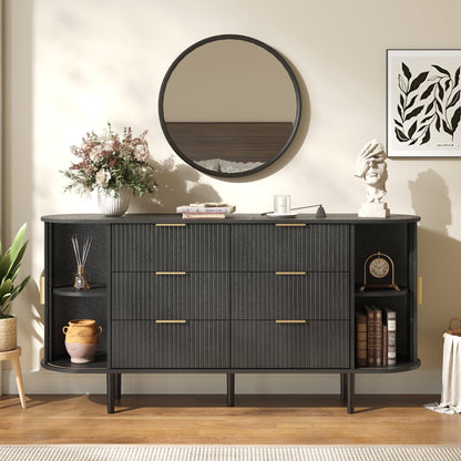 ASTUVIA Fluted 6 Drawers Dresser, 63'' Wide Modern Chest of Drawers with Sideboard,Curved Profile & Sturdy Legs, Dresser TV Stand for Bedroom, Living Room