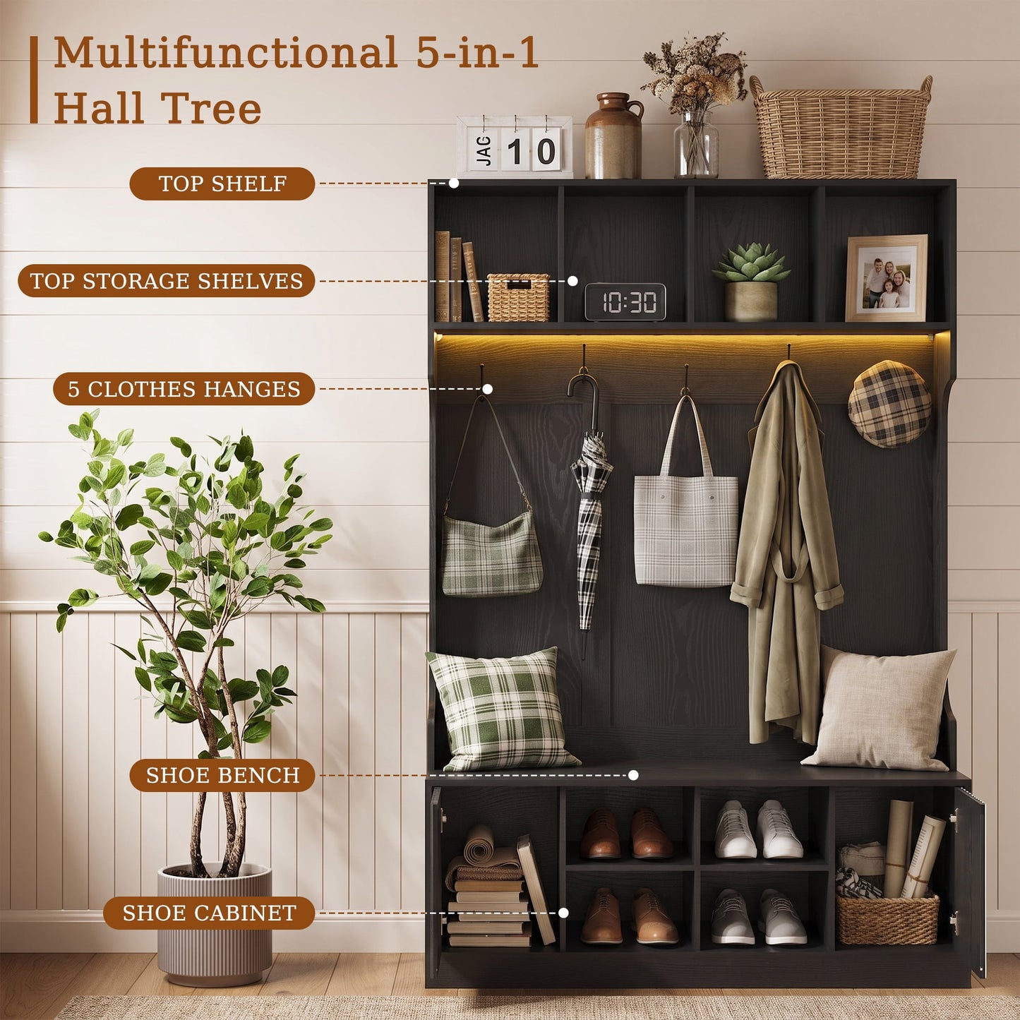 ASTUVIA 70.9"H LED Hall Tree with Bench & Shoe Storage, 47.2"W Entryway Coat Rack with 5 Hooks & 2 Fluted Doors,5 in 1 Coat Hanger for Hallway, Living Room