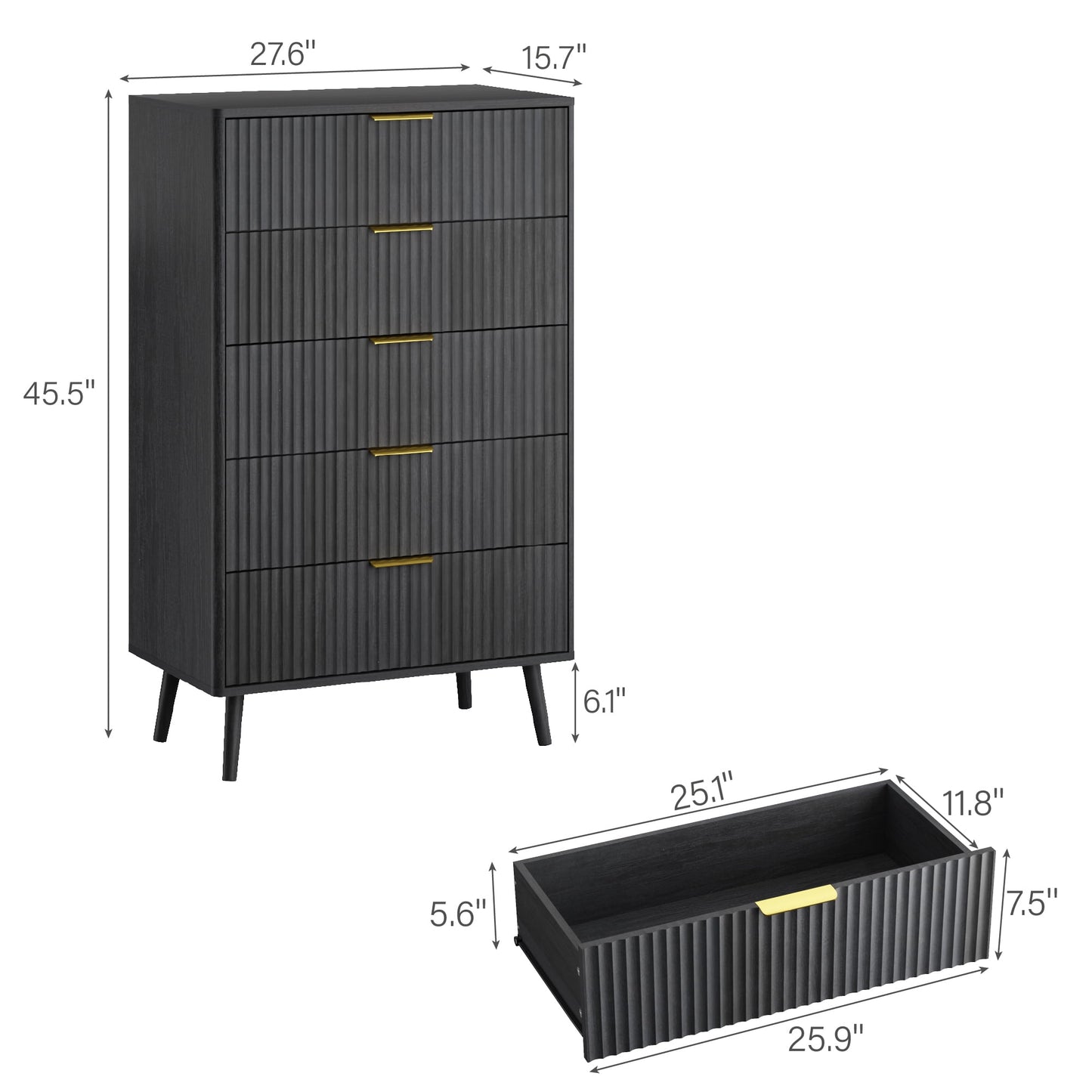 YouTrend 5 Drawer Dresser for Bedroom,Tall Dresser with Metal Handle,Fluted Dresser Modern Storage Cabinet for Home Office Living Room,White